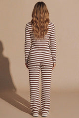 Brown Contrast Striped Molly Button Top and Wide Leg Trousers - Elisanta