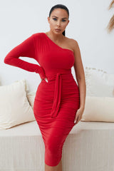 Red One Shoulder Ruched Slinky Midi Dress - Savannah