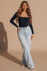 Black Slinky Long Sleeve Square Neck Top - Thalina