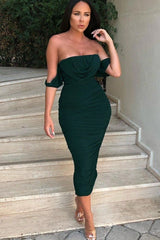 Emerald Bardot Cowl Neck Ruched Midi Dress - Malia