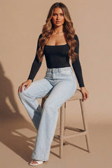 Black Slinky Long Sleeve Square Neck Top - Thalina