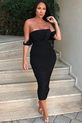 Black Bardot Cowl Neck Ruched Midi Dress - Malia