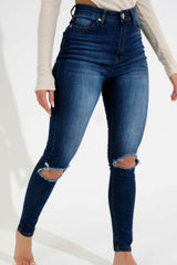 Blue Dark Wash High Waisted Ripped Knee Skinny Jeans - Davina