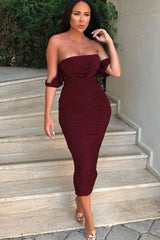 Wine Bardot Cowl Neck Ruched Midi Dress - Malia