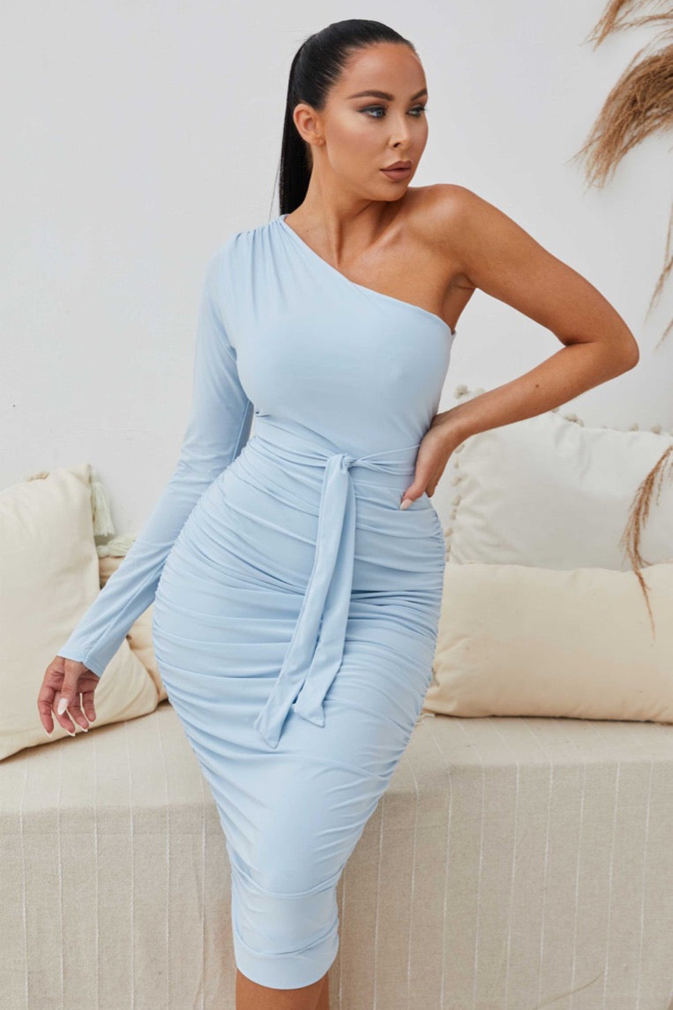 Blue One Shoulder Ruched Slinky Midi Dress | Dresses | Femme Luxe UK Blue One Shoulder Ruched Slinky Midi Dress | Dresses | Femme Luxe UK