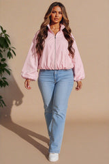 Pink Zip Front Windbreaker Balloon Sleeve Jacket -Tiarn