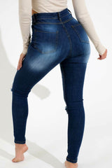 Blue Dark Wash High Waisted Ripped Knee Skinny Jeans - Davina