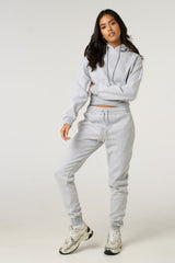 Grey Marl Long Sleeve Cropped Fleece Hoodie & Cuffed Joggers Loungewear Set - Layla