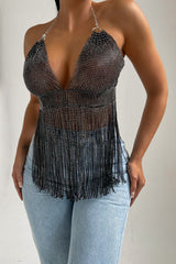 Black Halter Neck Open Back Chain Mail Tassel Top - Dani