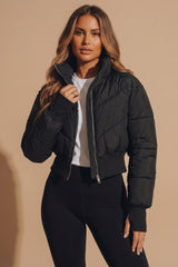 Black High Neck Padded Cropped Puffer Jacket - Cloin