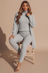 Grey Ribbed Knitted 3 Piece Loungewear Set-Jinet