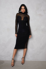 Black Long Sleeve High Neck Mesh Detail Midi Dress - Abbie