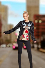 Black Polka Dot Reindeer Pom Pom Christmas Knit Jumper- Kinnse