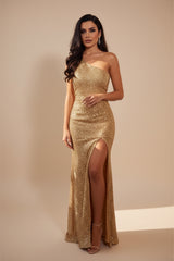 Gold One Shoulder Sequin Maxi Dress-Thone