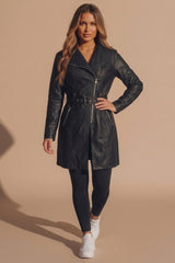 Black Faux Leather Belted Biker Coat - Mich