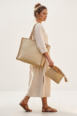 Beige Woven Tote Bag With Matching Zip Pouch-Hyon
