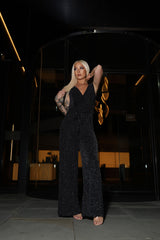 Black Plunge Neck Silver Glitter Sleeveless Jumpsuit - Orianda