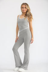 Grey Contrast Trim Top and Flared Trousers Activewear Set - Eleonora