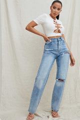 Blue Light Wash High Waisted Ripped Straight Leg Jeans - Eyana