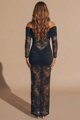 Black Bardot Lace Mesh Ruched Midaxi Dress - Daixo