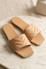 Camel Quilted Flat Slip-On Sandals with Gold Toe Detail - Yora