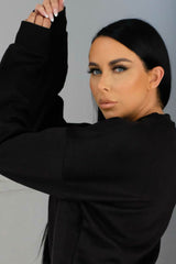 Black Oversized Crew Neck Rib Cuff & Hem Long Sleeve Sweatshirt- Melanie