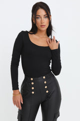 Black Scoop Neck Long Sleeve Soft Touch Fitted Bodysuit - Emma