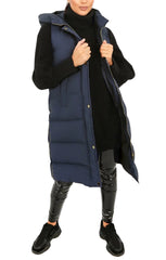 Navy Sleeveless Longline Midi Zip Up Hooded Puffer Gilet - Terri