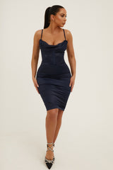 Navy Satin Strappy Drape Front Corset Style Midi Dress - Saga
