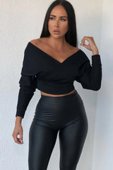 Black Ribbed Off The Shoulder Crop Top - Kourt