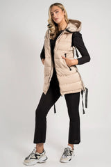 Beige High Neck Zip Up Sleeveless Hooded Padded Midi Gilet - Kenley