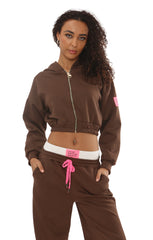Brown Cropped Zip-Up Hoodie with Wide Leg Joggers Statement Patch Loungewear Set – Zaria