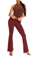 Wine Wide Ribbed Basic Flared High Waist Fit Trousers- Clara