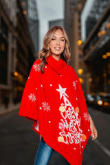 Red Pom Pom Merry Christmas knitted Poncho - Aviva