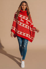 Red Christmas Reindeer Fair Isle Knit Poncho - Traix
