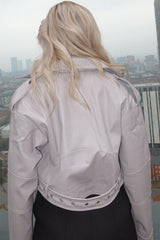 Grey Faux Leather Cropped Belted Biker Jacket - Kiera