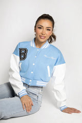Sky Blue Varsity Slogan Contrast Sleeve Bomber - Hallie