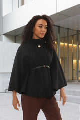 Black Belted High Neck Cape Coat - Vivienne