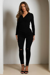 Black Rib Off The Shoulder V Front V Back Long Sleeve Top - Everly