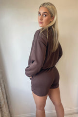 Chocolate Brown Zip Neck Sweatshirt and Short Paris Milano Print Co ord Loungewear Set - Celestara