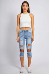 Blue Ripped Cropped Denim Distressed Knee Detail Jeans -Virella
