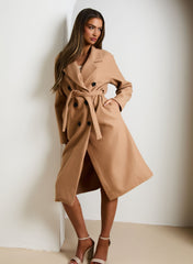 Mocha Double Breasted Black Button Detail Belted Trench Coat - Eliana