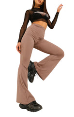 Mocha Wide Ribbed Basic Flared High Waist Fit Trousers- Clara
