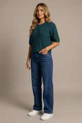 Teal Ribbed Short Sleeve Button Front Cardigan - Camy