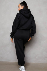 Black Oversized Front Pocket Pullover Hoodie Cuffed Joggers Loungewear Set - Alexia