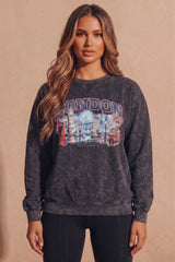 Charcoal Acid Wash London Graphic Oversized Sweatshirt - Eyecon