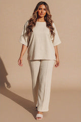 Beige Relaxed Fit Ribbed Top And Trouser Set- Cnyon