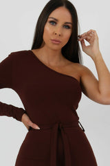 Brown Belted One Shoulder Jumpsuit - Evelyn