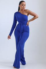 Royal Blue One Shoulder Belted Wide Leg Jumpsuit - Evelyn