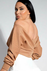 Camel Ribbed Off The Shoulder Crop Top - Kourt